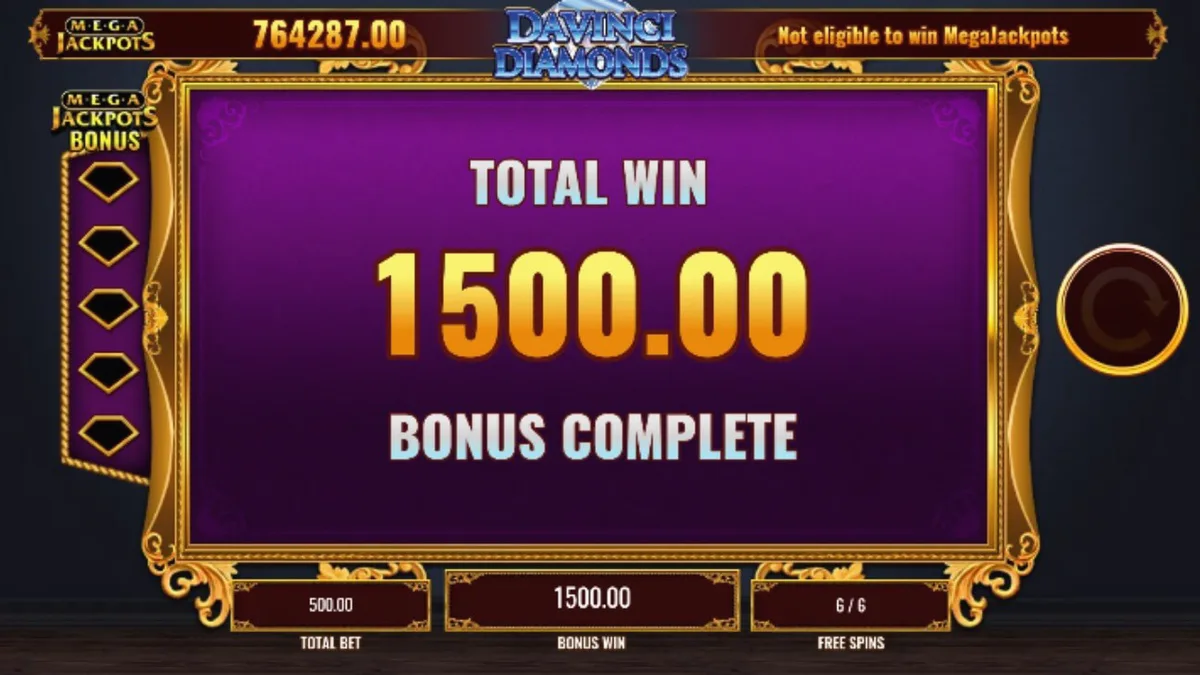 Mega Jackpot DaVinci Diamonds slot machine interface